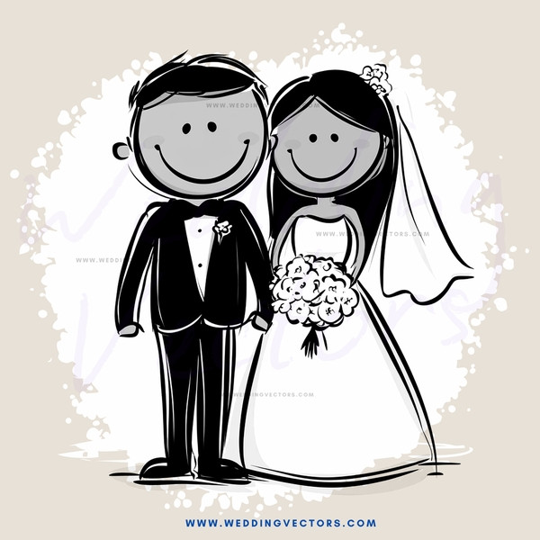 a black and white illustration of a bride and groom