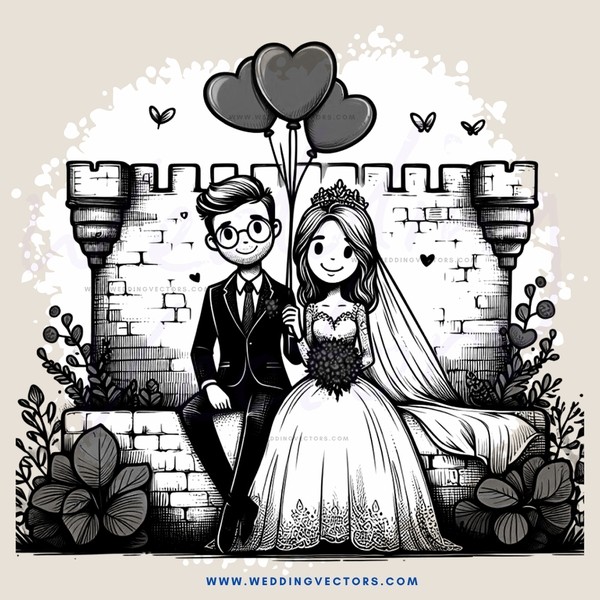 a bride and groom in castle guard