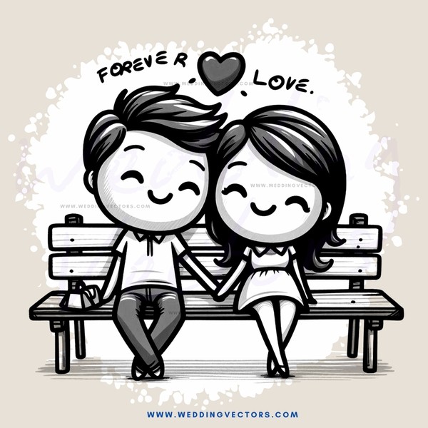 the couple sitting on the bench with love written above them