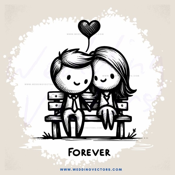 a couple sitting on a bench with a heart above their head