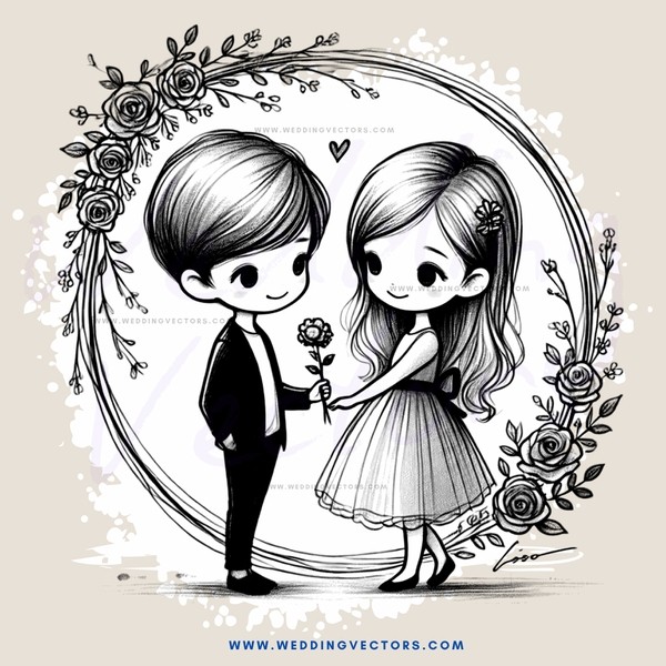 two people standing in front of a heart shaped arch with flowers and rings on it