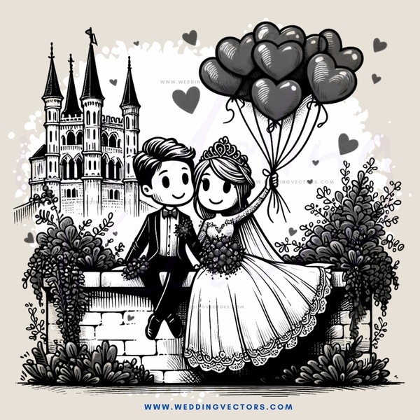 a couple holding up balloons in front of a castle