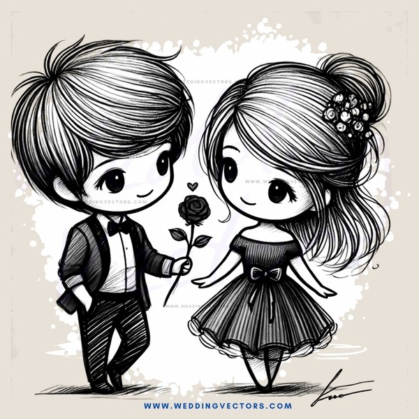 a boy and girl standing next to each other, both holding roses