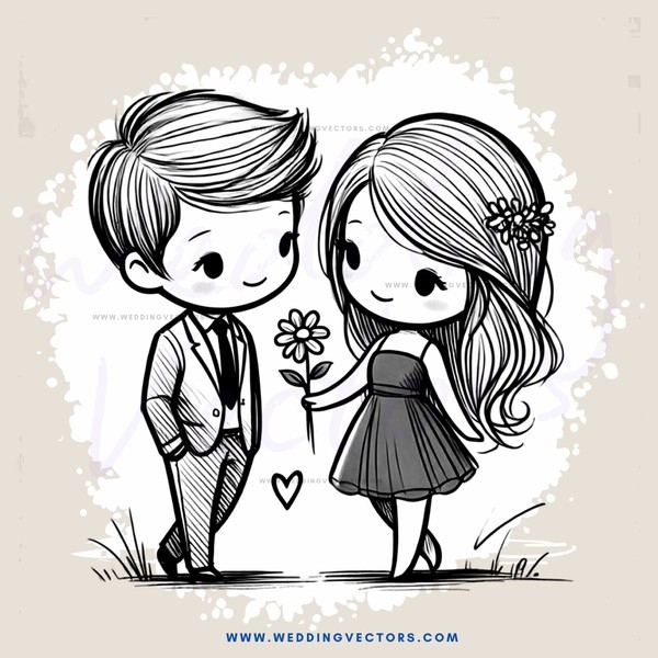 cartoon boy and girl with flowers