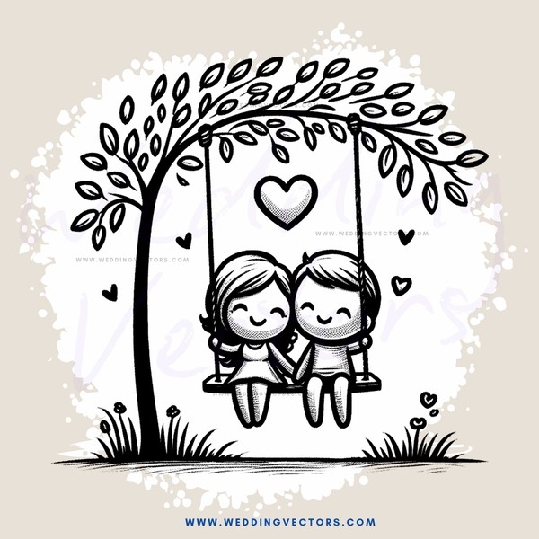 a couple in a hammock with hearts and trees