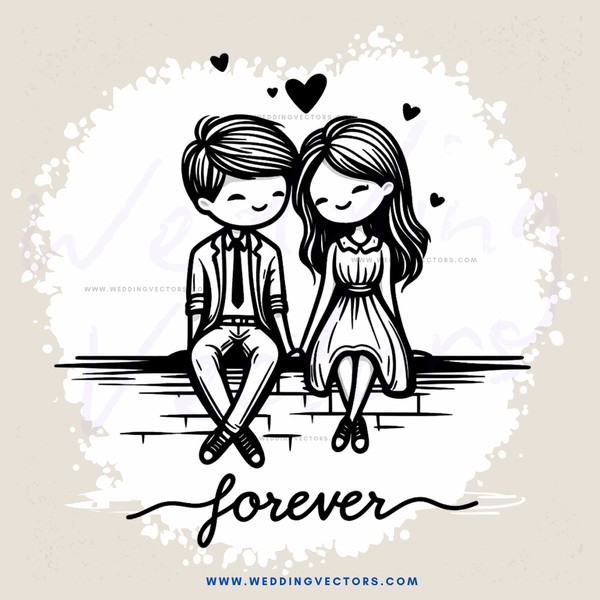 a boy and girl sitting on steps with hearts above them