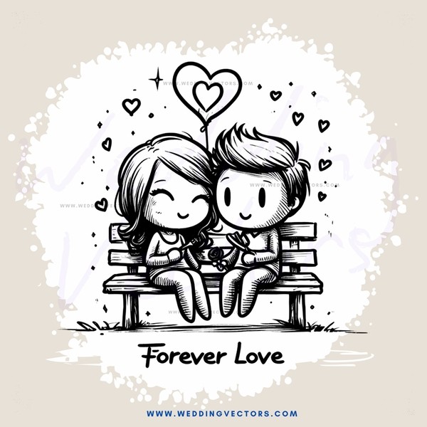 forever love - a cartoon drawing poster of two people sitting on a bench, holding hands and smiling with hearts and flowers above their head