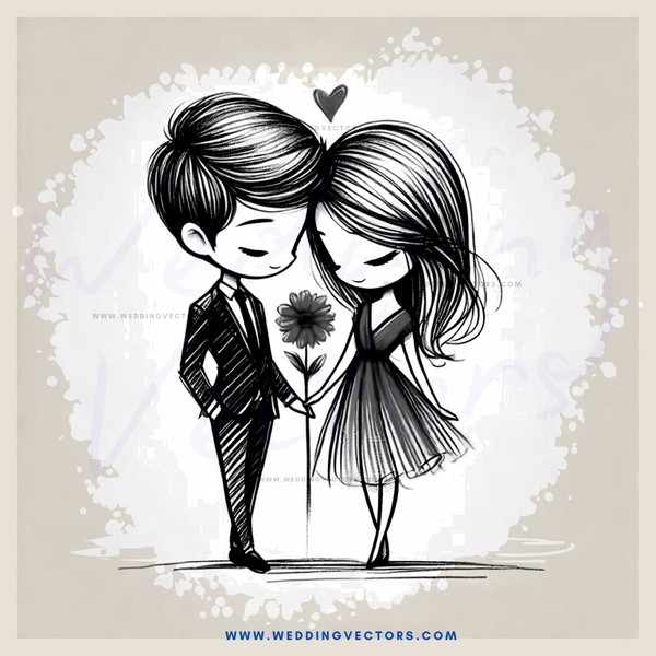 a couple standing together in black and white with a flower