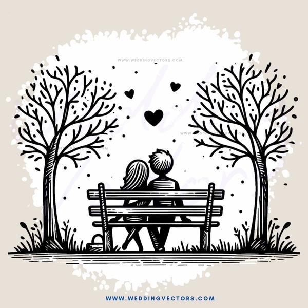 two people hugging on a bench with trees and birds