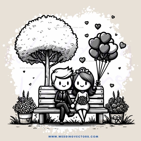 a couple sitting on a bench with plants and balloons