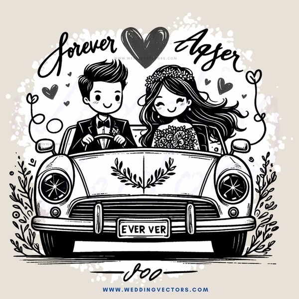 a black and white wedding car illustration with text
