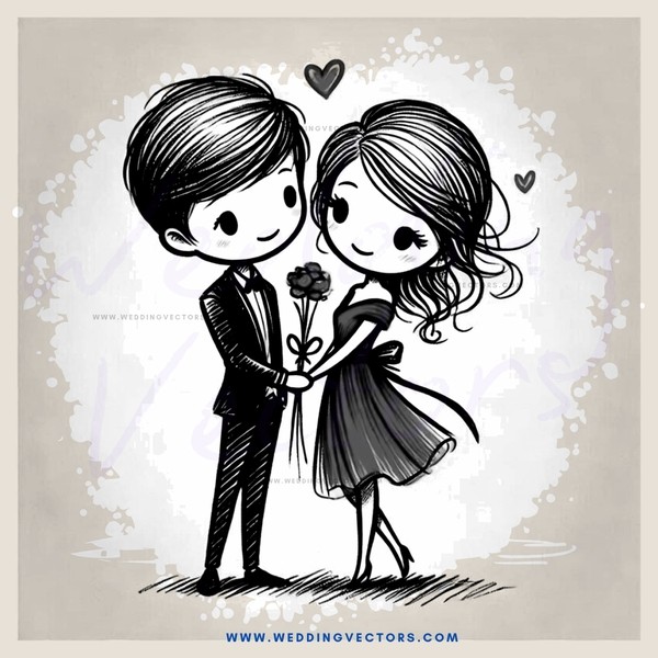 a couple standing in front of hearts