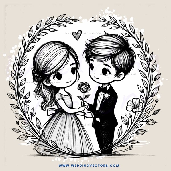 a couple in wedding attire with flowers and leaves surrounding them