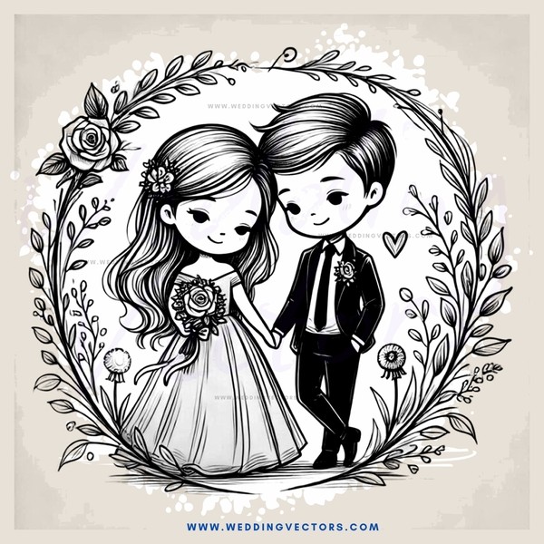wedding couple black and white illustration
