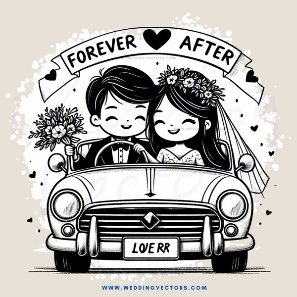 forever after bride and groom in car