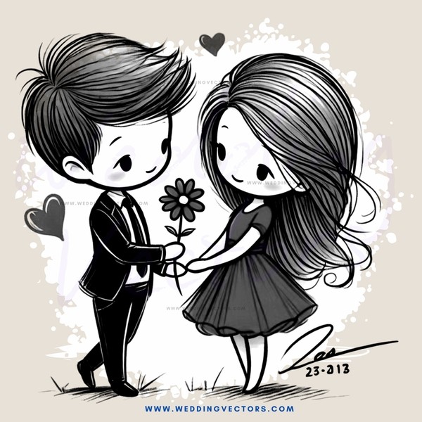 a boy and girl with hearts above them