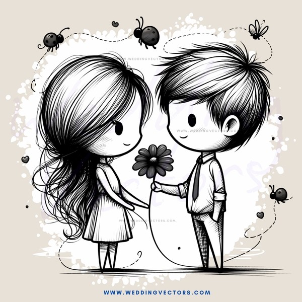 couple holding a flower and bugs on the backdrop
