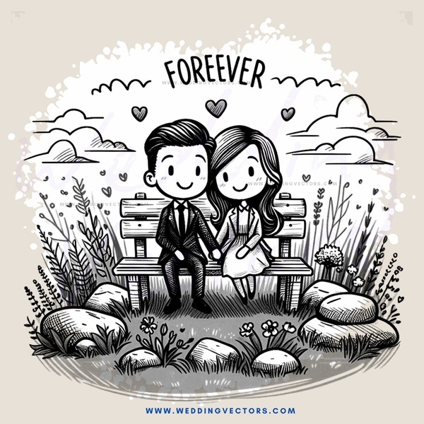 a boy and girl sitting on a bench with flowers and trees in the background