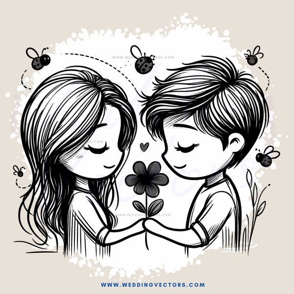 a couple holding hands with flowers and insects in background