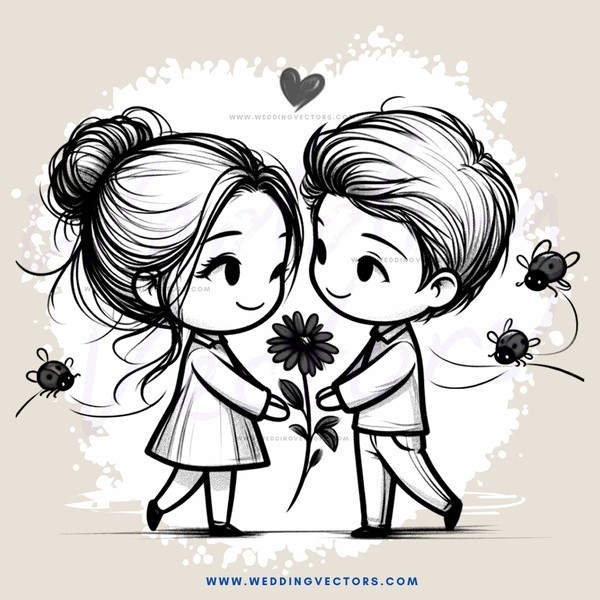 boy and girl holding hands with flowers and hearts
