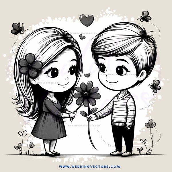 children's drawing in black and white with hearts and flowers