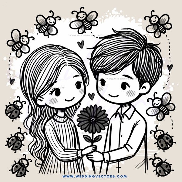 a boy and girl holding flowers next to butterflies