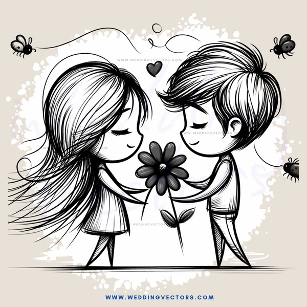 a couple holding a flower and standing with bugs on their heads