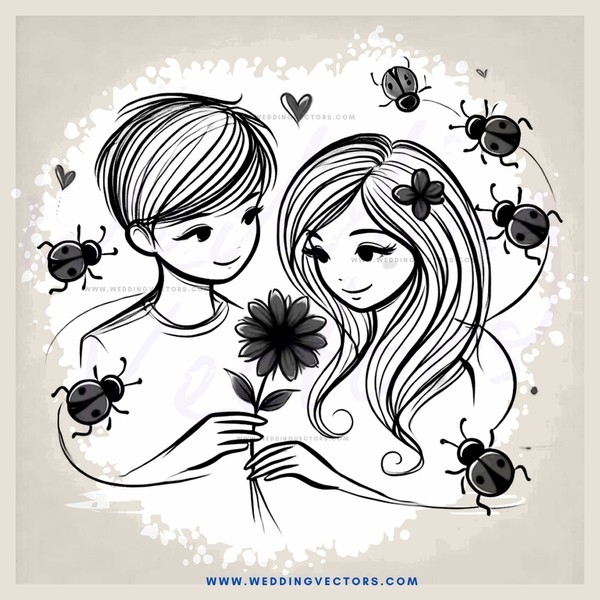 boy and girl with flowers and bees