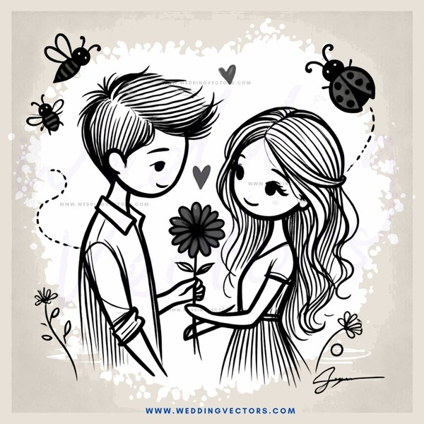 the boy and girl holding hands in front of flowers