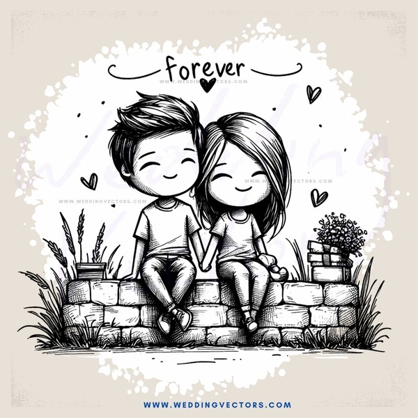 couple sitting on a brick wall with flowers behind them