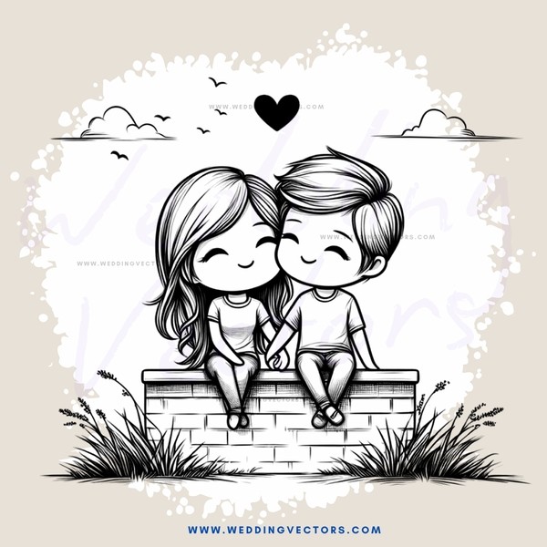 a couple sitting on a brick wall with birds in the background
