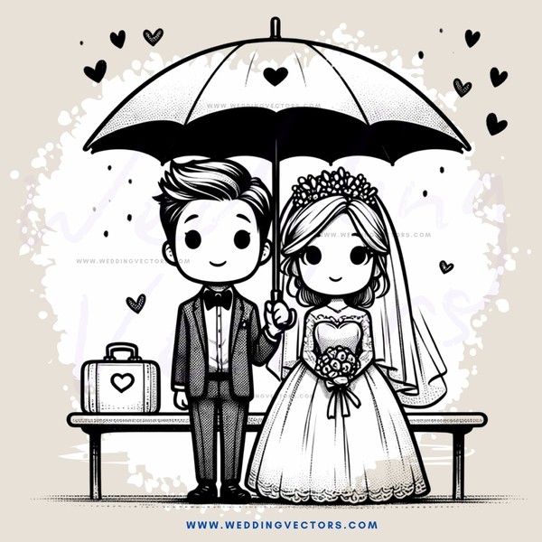 a bride and groom under an umbrella