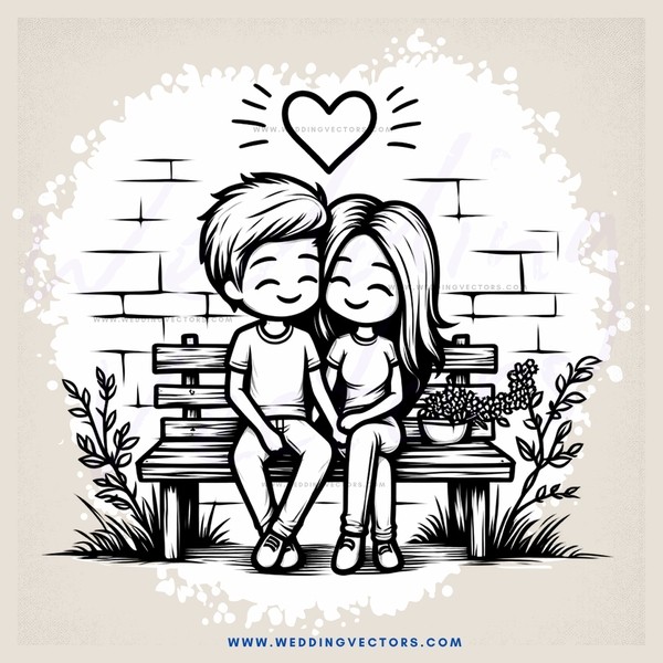 a couple sitting on a bench with an "i love you" heart above them