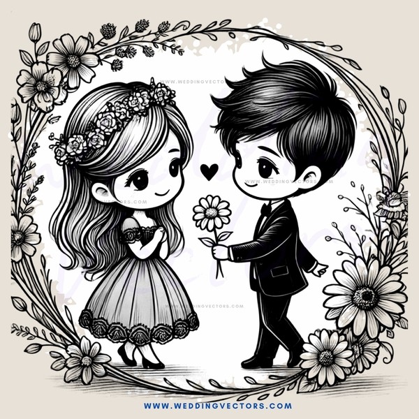 a boy and girl holding hands with flowers