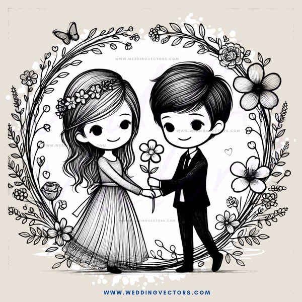 a boy and girl holding hands with flowers