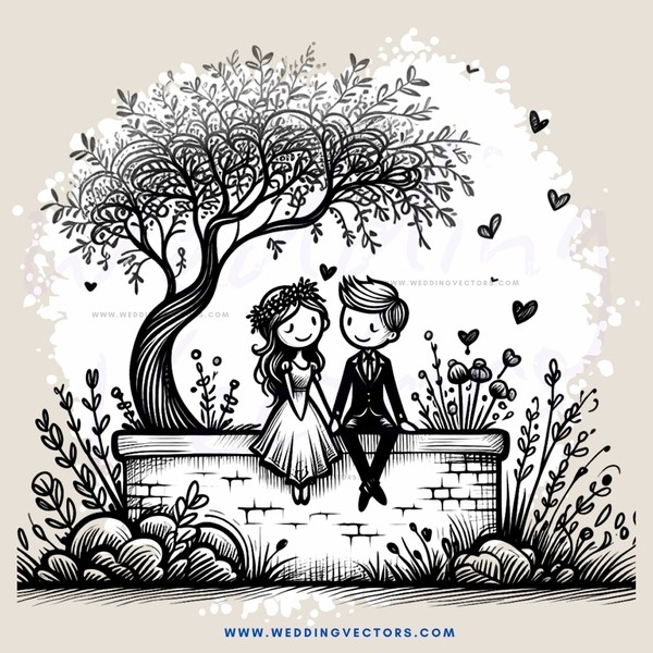 a couple sitting on a wall under a tree