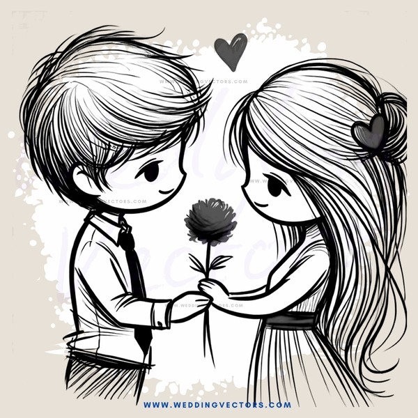 lovers embracing in black and white cartoon illustration