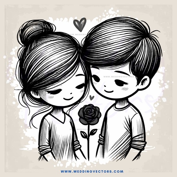 two kids with roses and hearts in black and white