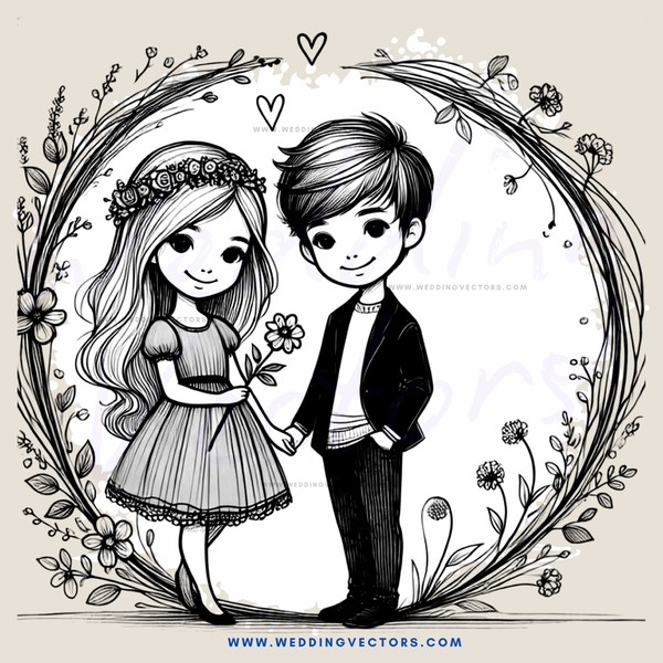 a cartoon picture of boy and girl standing together inside an ivy leaf shaped frame