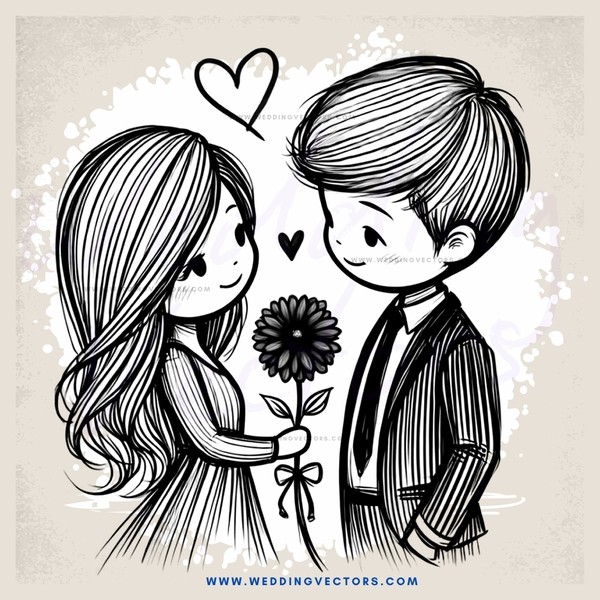 a boy and girl holding flowers and an heart