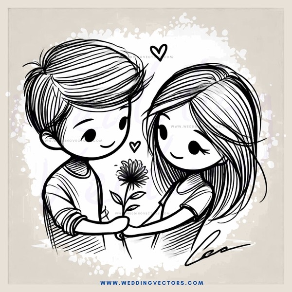 a boy and girl holding hands and smiling with flowers