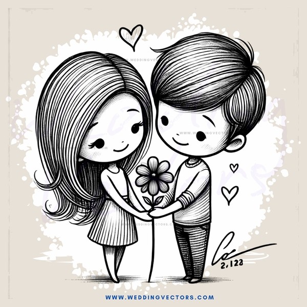 lovers with flowers and hearts