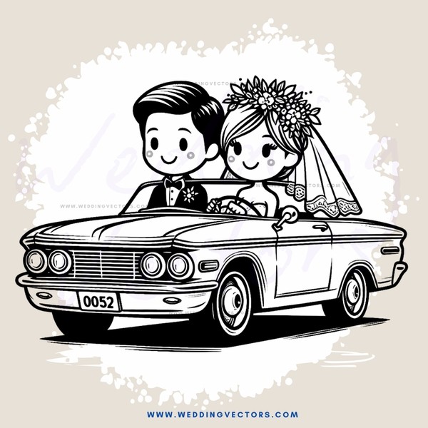 a black and white cartoon of a bride and groom in a car