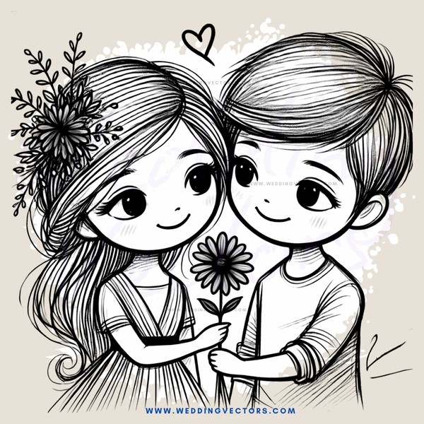 lovers holding flower and smiling with hearts above their head