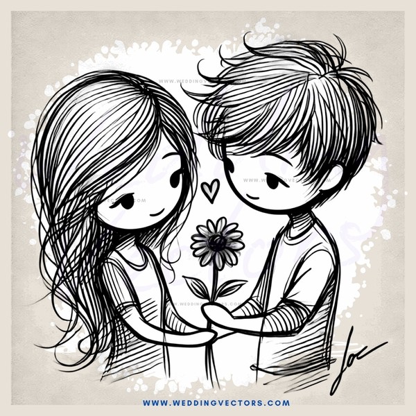 boy and girl holding flower with "jm" signature