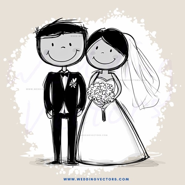 cartoon drawing of a bride and groom smiling for the camera