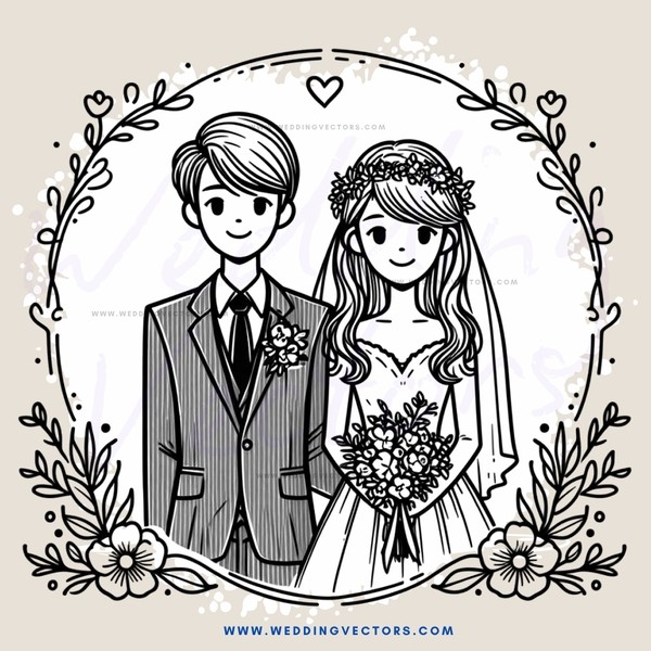 a bride & groom picture in outline