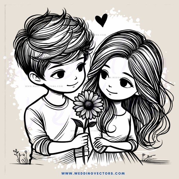 two children, one boy with girl with flowers