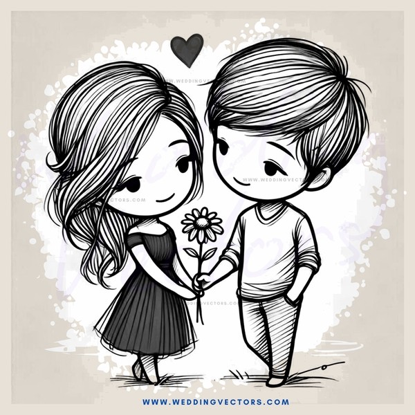two people embracing with flower and heart symbols above their heads
