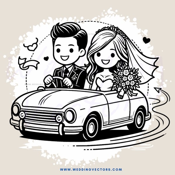 a bride and groom riding in a car
